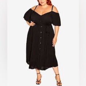 City Chic Naples Black Off Shoulder Midi Dress Size Sz 16 Flowy Button Front Y2K